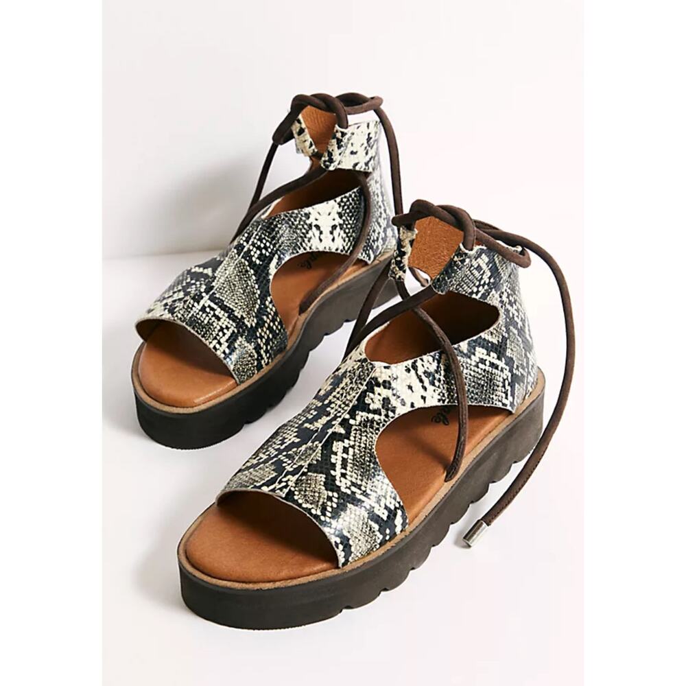 Free People Aubrey Leather Gladiator Wrap Sandals Size 9 Python Print